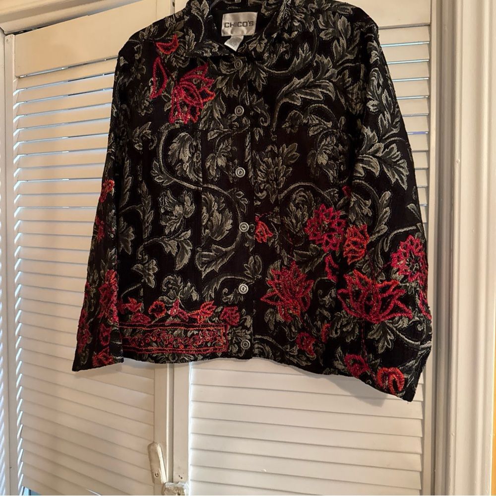 Chico's Elegant Black and Red Floral Blazer
